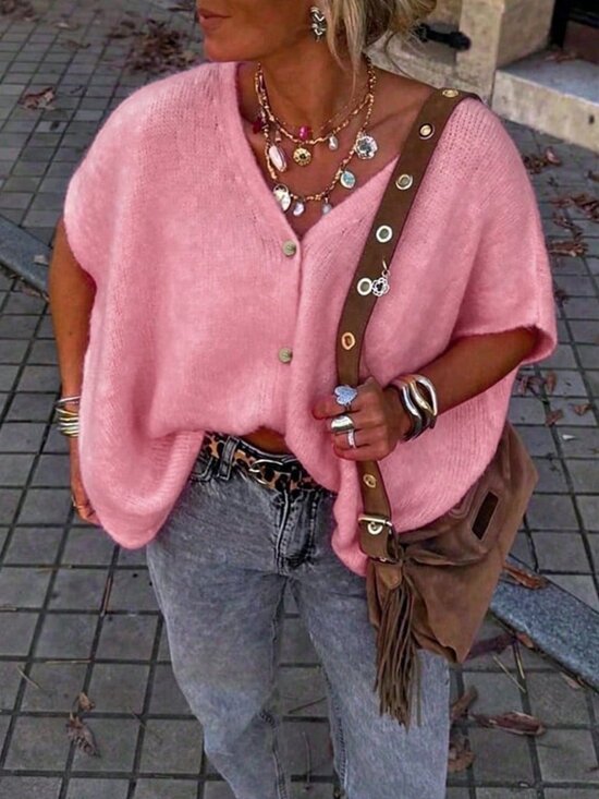 Gentle Pink Casual Women's V-Neck Button Short Sleeve Oversized Knit Cardigan - Picture 7 of 10